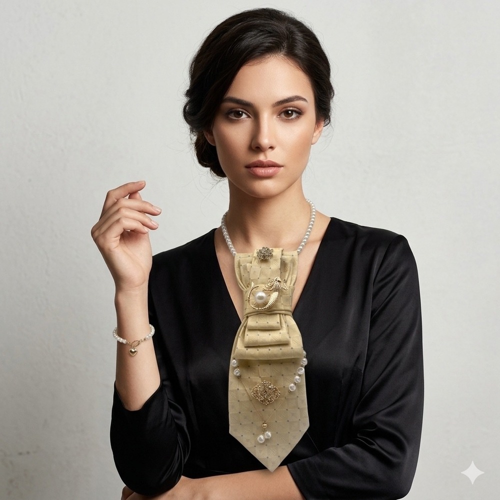 Calvin Klein 100% Silk Tie Necklace Mermaid Pearl Embellished Gold Champagne - Picture 4 of 12